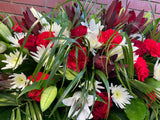 Red and White Casket arrangement